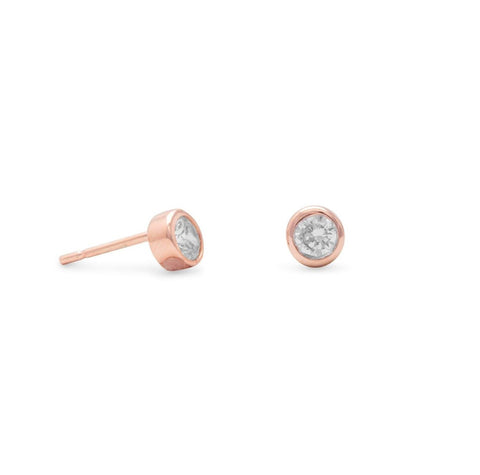 14 Karat Rose Gold Plated Stud Earrings with Bezel Set CZs