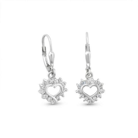 Rhodium Plated Cutout CZ Heart Lever Earrings