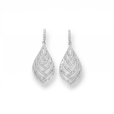 Rhodium Plated CZ Leaf Earrings