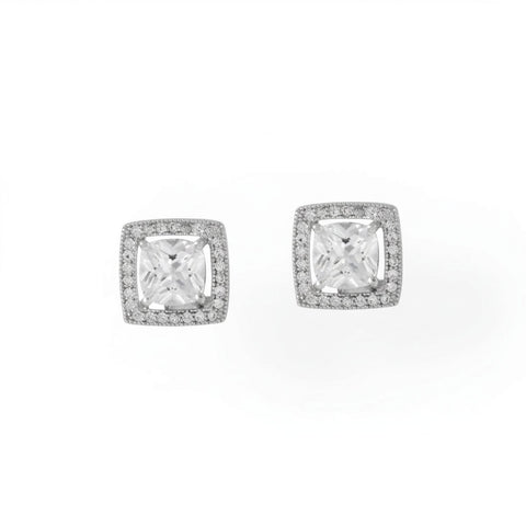 Rhodium Plated Square CZ with Halo Stud Earrings