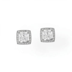 Rhodium Plated Square CZ with Halo Stud Earrings