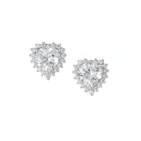 Rhodium Plated CZ Heart Halo Stud Earrings