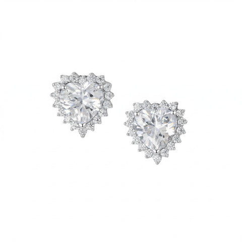 Rhodium Plated CZ Heart Halo Stud Earrings