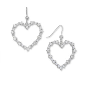 Rhodium Plated CZ Heart Outline Earrings