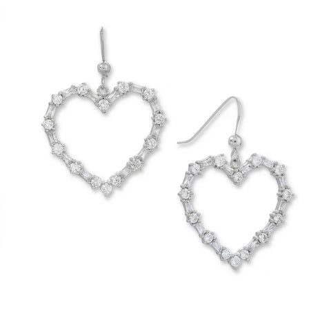 Rhodium Plated CZ Heart Outline Earrings