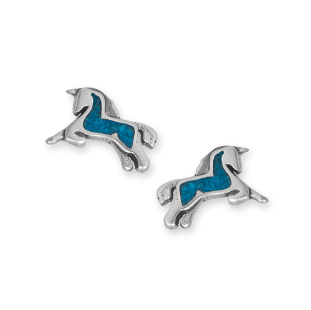 Prancing Unicorn Earrings with Turquoise Chip Inlay Sterling Silver - Made in the USA Prancing Unicorn Earrings with Turquoise Chip Inlay Sterling Silver - Made in the USA