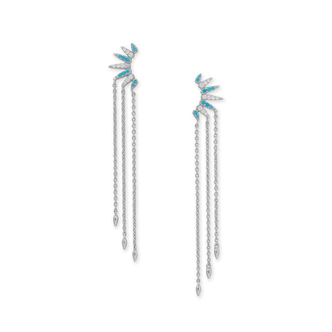 Rhodium Plated Synthetic Turquoise and CZ Spike Chain Drop Earrings