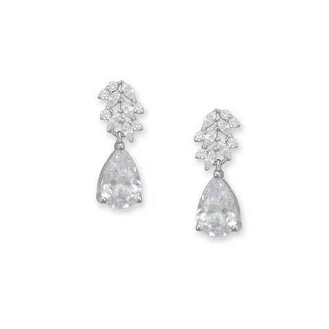 Rhodium Plated CZ Cluster Pear Drop Earrings