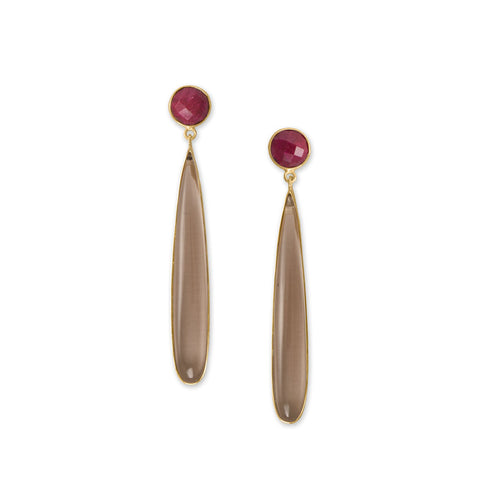 14 Karat Gold Plated Red Corundum and Smoky Quartz Earrings
