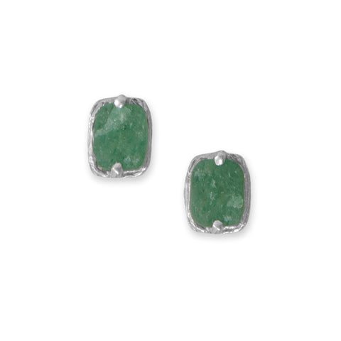 Rhodium Plated Rectangle Rough Cut Green Aventurine Stud Earrings