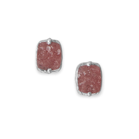 Rhodium Plated Rectangle Rough Cut Strawberry Quartz Stud Earrings