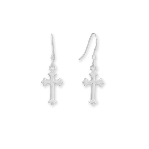 Ornate Polished Cross French Wire Earrings