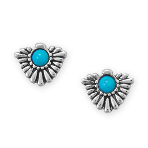 Rhodium Plated Oxidized Fan with Imitation Turquoise Stud Earrings