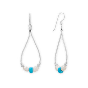 Cultured Freshwater Pearl and Turquoise Liquid Silver Pear Outline Earrings