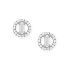 Rhodium Plated Baguette and Halo CZ Stud Earrings