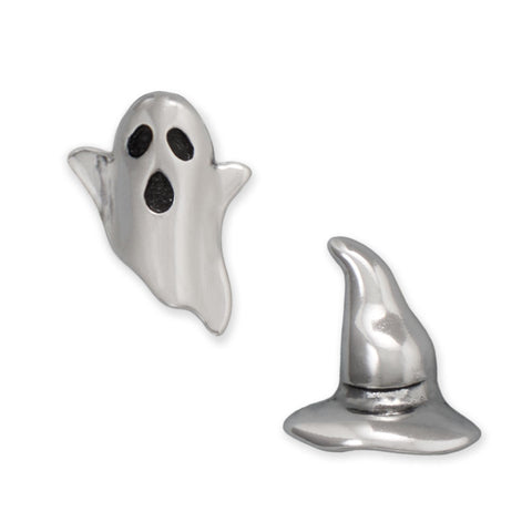 Oxidized Ghost and Witch Hat Stud Earrings