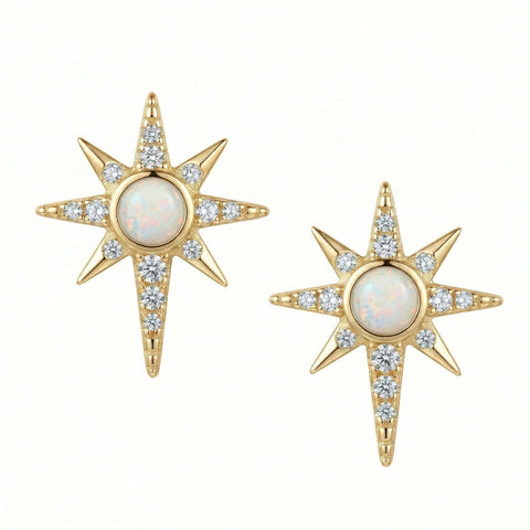 14 Karat Gold Plated Synthetic Opal and CZ Northern Star Stud Earrings