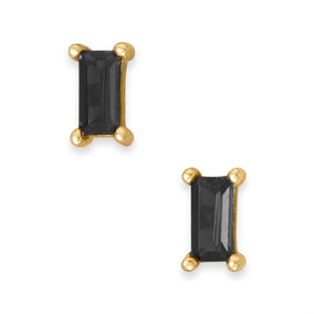 14 Karat Gold Plated Black Baguette CZ Stud Earrings