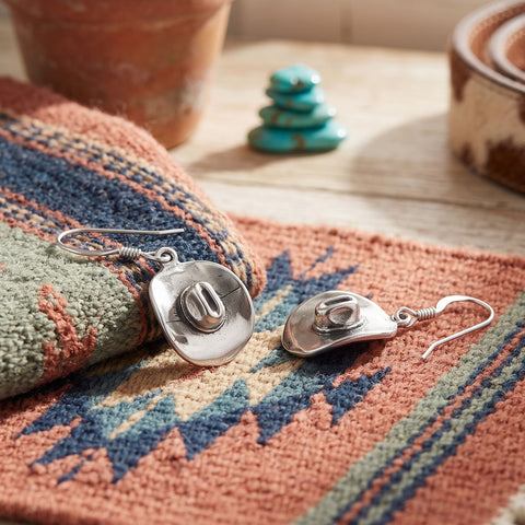 Oxidized Cowgirl Hat Charm Drop Earrings