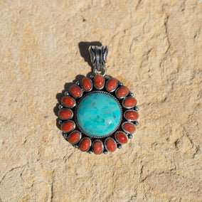 Reconstituted Turquoise and Coral Sunburst Pendant