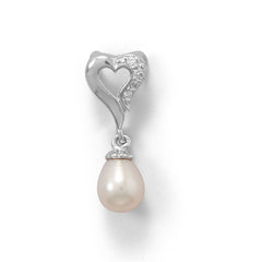 Rhodium Plated Cultured Freshwater Pearl and CZ Heart Slide Pendant