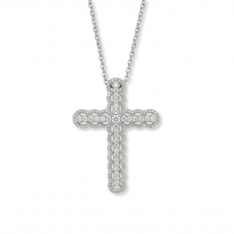 Rhodium Plated Ornate CZ Cross Slide