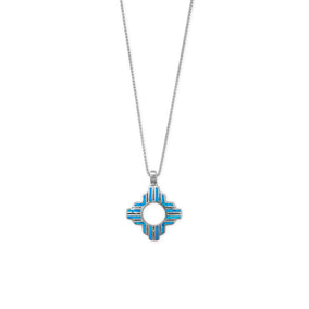 Rhodium Plated Synthetic Blue Opal Zia Symbol Pendant