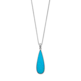 Rhodium Plated Synthetic Blue Opal Elongated Pear Pendant