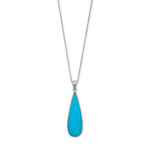 Rhodium Plated Synthetic Blue Opal Elongated Pear Pendant