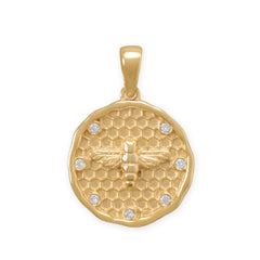 14 Karat Gold Plated Honeycomb, Bee and CZ Pendant