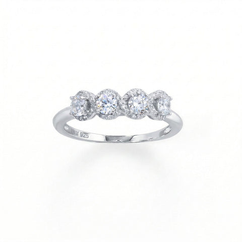 Rhodium Plated 4 CZ with Halo Edge Ring