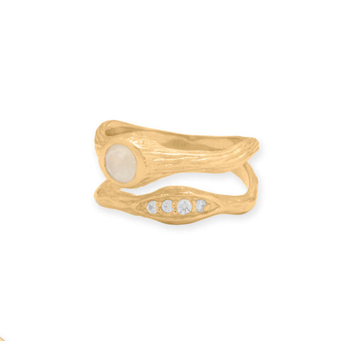 14 Karat Gold Plated Textured Rainbow Moonstone and CZ Ring