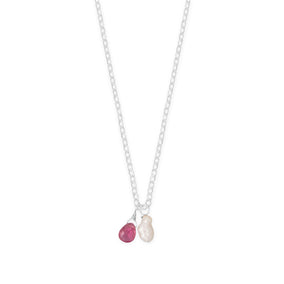 16" + 2" Cultured Freshwater Pearl and Pink Tourmaline Charm Necklace