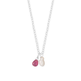 16" + 2" Cultured Freshwater Pearl and Pink Tourmaline Charm Necklace