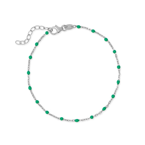 Rhodium Plated Green Enamel Satellite Bracelet