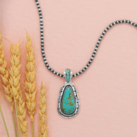 18" 4mm Oxidized Bead and Turquoise Pendant Statement Necklace