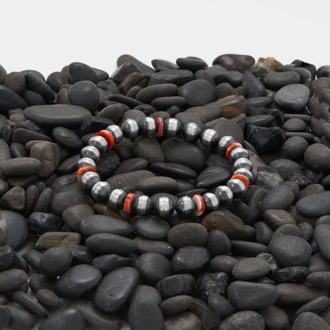 Oxidized Handmade Silver Navajo Bead and Shell Stretch Bracelet