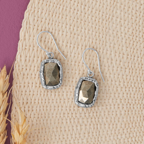 Rhodium Plated Rectangle Pyrite Earrings