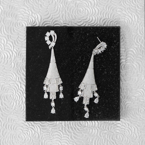 Rhodium Plated CZ Droplet Chandelier Earrings