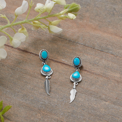 Native American Turquoise Feather Drop Post Earrings