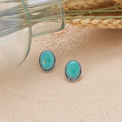 Native American Beaded Edge Oval Turquoise Earrings