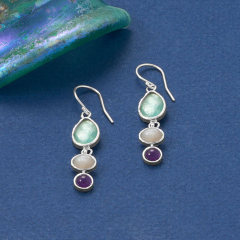 Ancient Roman Glass, Moonstone and Amethyst Earrings