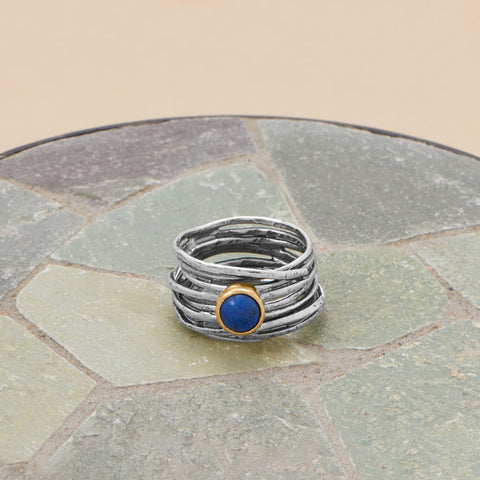Oxidized and 14 Karat Gold Plated Lapis Ring