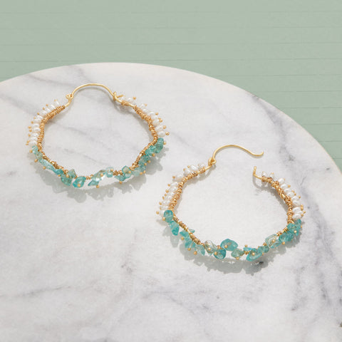 14 Karat Gold Plated Apatite and Cultured Freshwater Pearl Hoop Earrings