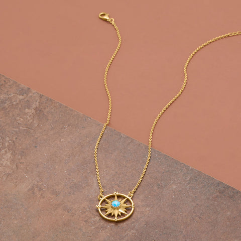 16" + 2" 14 Karat Gold Plated Synthetic Opal Compass Necklace