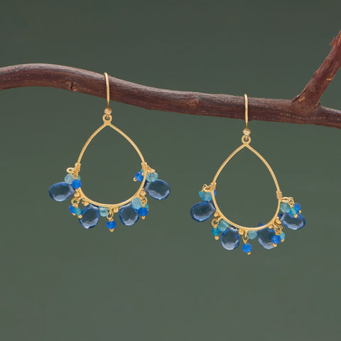 14 Karat Gold Plated Blue Glass, Jade and Apatite Earrings