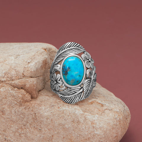 Oxidized Floral Turquoise Ring
