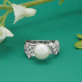 Rhodium Plated Cultured Freshwater Pearl and Cluster CZ Cocktail Ring