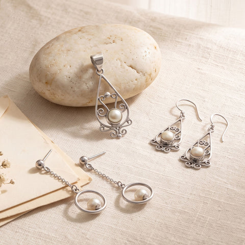 Polished Pearls! Sterling Silver 3 Piece Jewelry Set