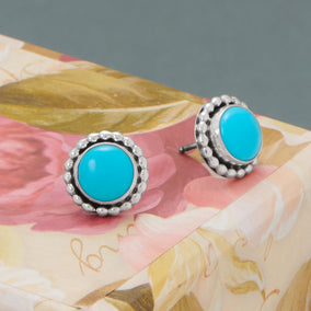 Oxidized 8mm Turquoise Button Native American Stud Earrings